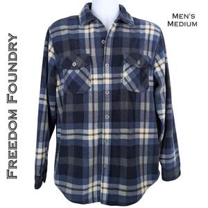 Freedom Foundry Mens Fleece Shirt Medium Blue Plaid Button Up Cabincore Normcore
